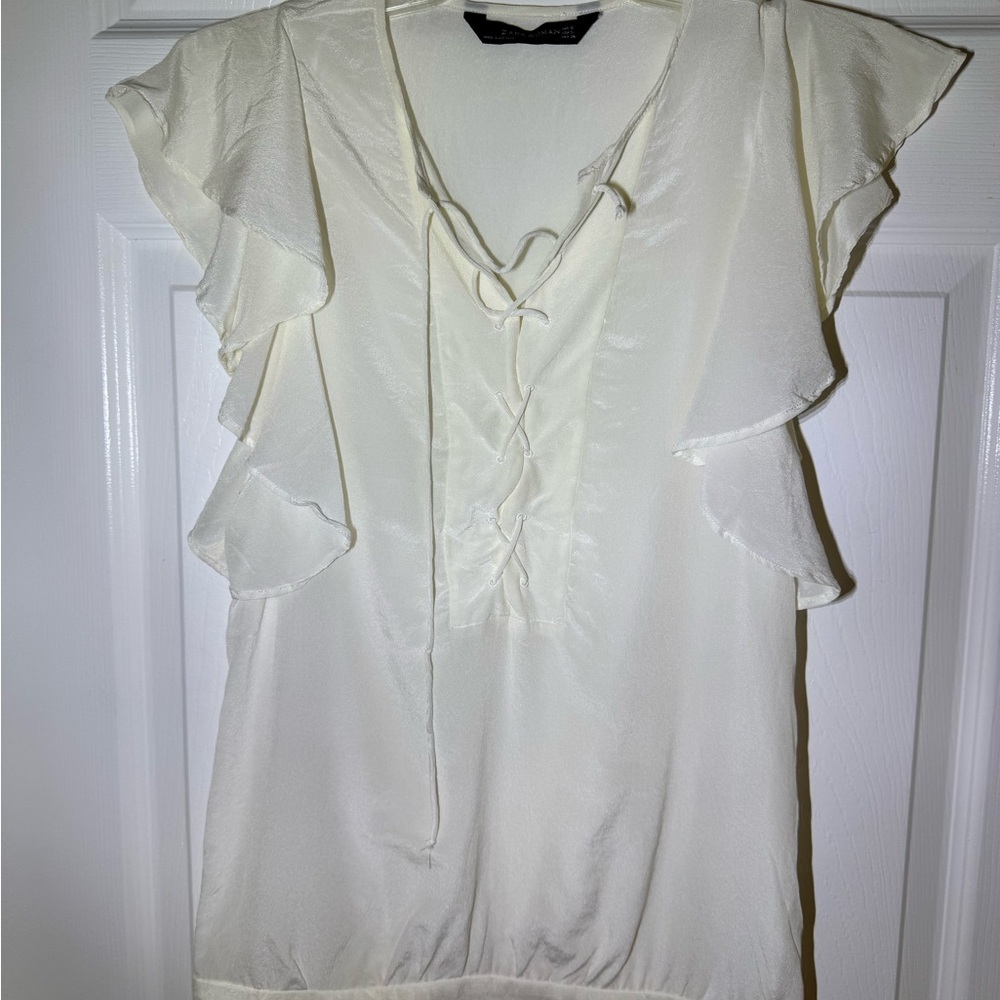 Zara Cream Flutter Sleeve Blouse with Tie Front